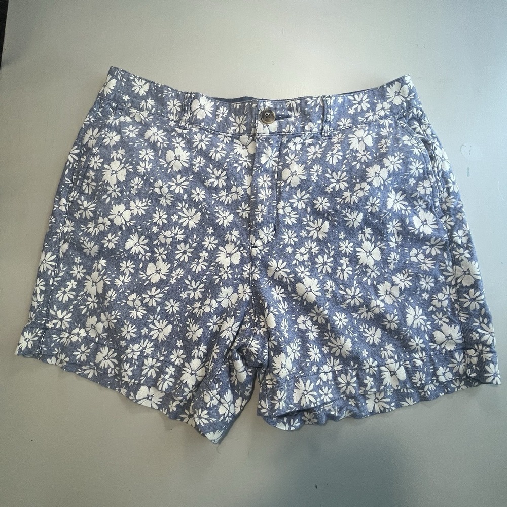Old Navy Blue White Floral Denim Linen Blend Shorts Bohemian Size 8 Beach